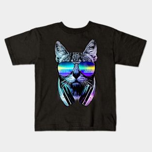 Music Lover Cat Cool Trendy Rainbow Graphic Kids T-Shirt